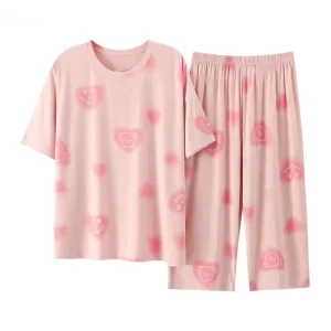 Solid Pattern Winter Knitted Women’s Pajamas High quality Casual Wear Drawstring Breathable Short Sleeves Tight High Waist Pants