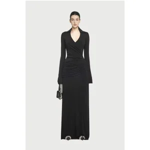 Solid Woven Pleated Breathable Maxi Dress Deep V Neck Slim Waist Empire Stand Collar Women’s A Line Silhouette