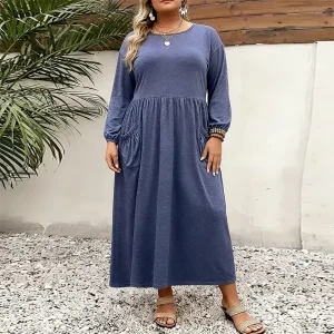 Solid-color Plus-size Women’s Knitted Dress Relaxed Comfortable Fit Daily Casual Basic Dress Customizable Colors 1XL-5XL Pockets