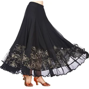 Sparkle Mesh Ruffle Ballroom Skirt 360 Degree Sequined Modern Dance Performance Skirt