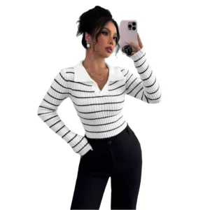Spicy Girl Striped Long Sleeve T-Shirt Fashion Style Women’s Slim Fit Base Knitted Sweater for Winter