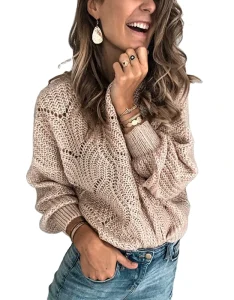 Splicing V-neck T-shirt Pullover Hollowed Out Sweater Lantern Sleeve Women’s Wear