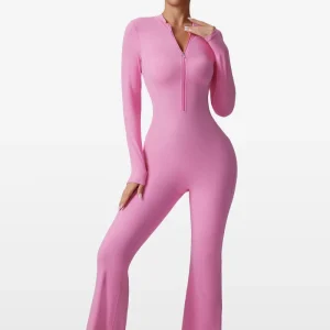 Sports Bodysuits Jumpsuits Nude Zipper Long Sleeve Yoga Jumpsuit Slim Fitness Bell Pants