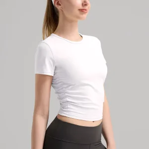 Sports T-shirt Women’s Ruffled Tight Waist Fitness Top Breathable Quick-Drying Ribbed Yoga Dress Short Sleeve