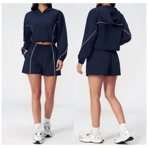 Sportswear Set Women’s Windbreaker Tracksuit Durable Lightweight Breathable Cropped Hoodie Shorts Set