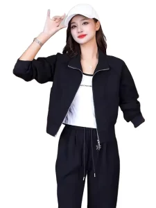 Sporty Women’s Hoodie Jacket for Spring and Autumn Black Slimming Effect Collar Fashion Wide Leg Pants Two-Piece Casual Set