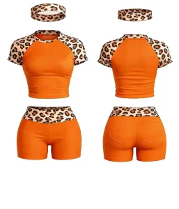 Sporty Women’s Sets Custom Logo Raglan Sleeve Leopard Print Workout Crop Top Shorts 3 Piece Tracksuit Sets for Women