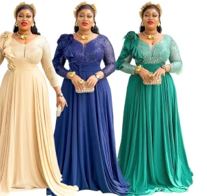 Spring Africa Women Long Dresses Plus Size Sequined Evening Party Dress Long Sleeve Chiffon Flower Women’s Dress
