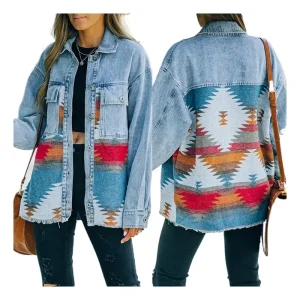 Spring Autumn Distressed Lapel Long Sleeve Vintage Button Down Women’s Aztec Western Denim Jacket