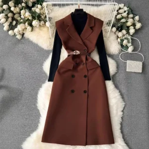 Spring Autumn Elegant Dress Coat Long Suit Vest Commuter Sleeveless Suit Dress Office Women’s Dress Coat