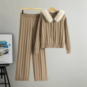 Spring Autumn Fashion Women’s Solid Furry Hooded Knitted Cardigan Top Zipper High Waist Wide Leg Sweater Elegant 2 Piece