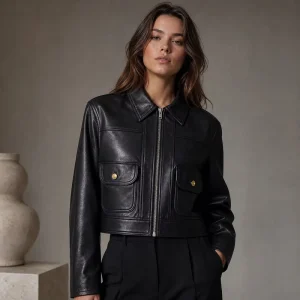 Spring Autumn Leather Jacket Women’s Short Turn-Down Collar Coat with Patch Pockets