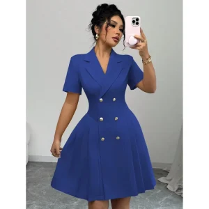 Spring Autumn New Western Style Women’s Waist-cinching Double-breasted Dress