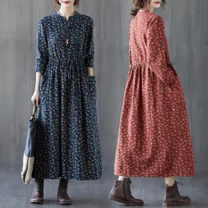 Spring Autumn Vintage Loose Plus Size Women’s Small Floral Frog Button Slimming Cotton Linen A-Line Elastic Waist Dress