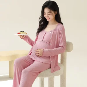 Spring Autumn Winter Modal Striped V neck Postpartum Clothing Long sleeved Three piece Set Pregnant Women’s Pajamas