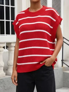 Spring Autumn Winter Women’s Color Block Striped Knit Vest Pullover Sleeveless Sweater Tank Loose Fit Casual Top