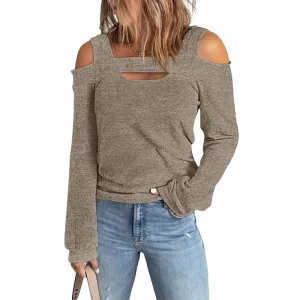 Spring Autumn Women’s Casual Hollow Out Off Shoulder Loose Long Sleeve Blouse T-shirt