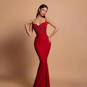 Spring Beaded Sexy V neck Strapless Red Dress Rhinestone Slim Party Long Women’s Dresses