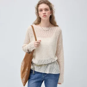 Spring Casual Beige Long Sleeve Knit Sweater Boat Neck Openwork Texture And Ruffle Hem Comfortable Loose Fit
