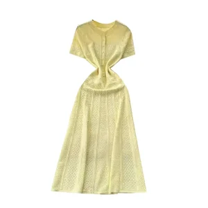 Spring Collection Luxury Women’s A Line Knee Length Short Sleeve Dress High End Beaded O Neck Natural Waist OEM Service