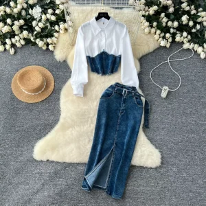 Spring Elegant Women Boutique Street Wear Long Sleeve White Patchwork Jeans Shirt and Denim Split Skirt 2 Piece Set for Women