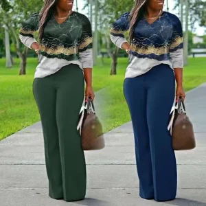 Spring Fall Plus Size Women Clothing Ladies Casual Long Sleeve Printing T Shirt Top Pants Two Piece Women’s Sets