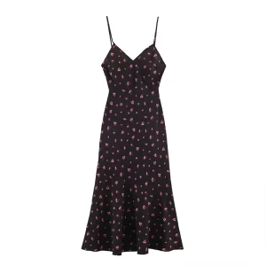 Spring Fashionable Blended Floral Print Midi Dress Retro V Neck Sleeveless Casual Women’s Dress