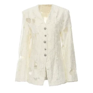 Spring New Arrival Women’s High-Quality Freehand Floral Jacket | Hollow Out Lace Outerwear Elegant Fashion Blazer