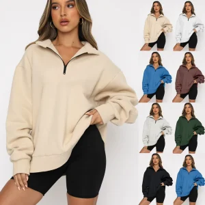Spring New Arrivals Custom Logo Half Zipper Women Casual Tops Long Sleeve Hoodie Pullover Sweatshirt