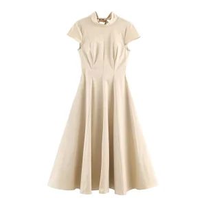 Spring New Fashion Blended Midi Dress Retro Solid Color Short Sleeve Casual Women’s Dress