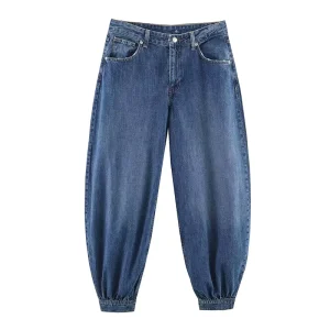 Spring New Fashion Mid-Waisted Drawstring Balloon Fit Jeans Retro Solid Color Casual Women’s Trousers