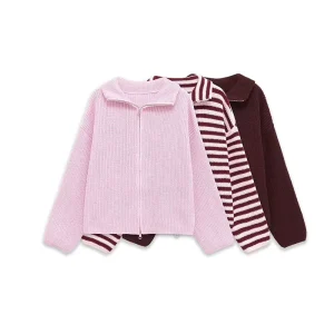 Spring New Fashion Striped Double-Head Zipper Knitted Sweater Cardigan Sweater Retro Casual Women’s Sweater