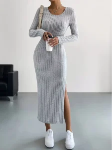 Spring New High Street Elastic Waist Long sleeved Neck Slit Knitted Nylon Women’s Casual A Line Maxi Solid Simple Dress