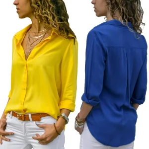 Spring New Long Sleeve t Shirt Women Solid Color Women Girls Beach Shirt Deep V Button Elegant Women’s Blouses&shirts Sexy