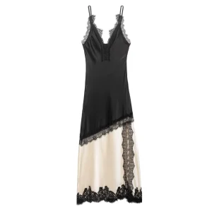 Spring New Women’s Elegant Lace Trimmed V Neck Spaghetti Strap Dress Slim Fit Long Dress 365621