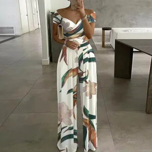 Spring New Women’s Fashion Elegant Printed High Waist Off Shoulder Jumpsuit Women Clothing
