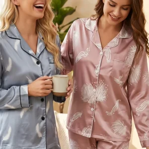 Spring Pajamas Satin Full Length Long-sleeved Trousers Thin Cardigan Lapel Homewear Women’s