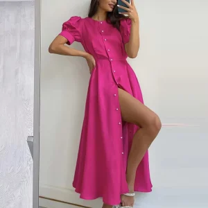 Spring Puff Short Sleeve Split Dress Natural Waist Woven Button Women’s Magenta Shirt Sexy Dress