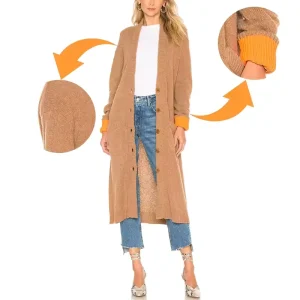 Spring Round Neck Button Design Women’s Thick Loose Knitted Long Style Lined Cardigan Sweater with Pockets