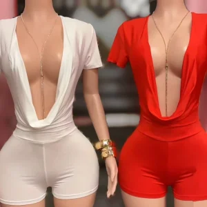 Spring Ruched Deep V Neck Bodycon One Piece Romper Women’s Short Sleeve Slim Jumpsuit Sexy Solid Overalls