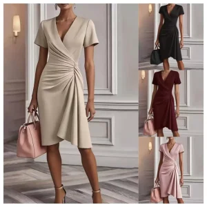 Spring Sexy Slim Fit Solid Color Hip Skirt Long Sleeved V Pleated Design Dress Women’s Clothing