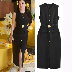 Spring Sleeveless Midi Dress Women Belt Button Black Office Long Dress