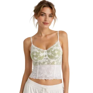 Spring Summer Beautiful Back Nylon Lace Anti Bacterial Embroidered Camisole Bra For Women One Piece Built Cups Padded Versatile