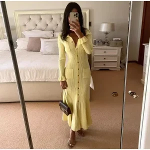Spring Summer Collection Women’s Slim Fit Single Breasted Knitted Cardigan Dress Long Sleeved Lapel Buttons A Line