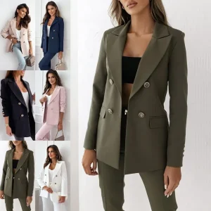 Spring Summer Cross Border Womens Solid Color Hand Embroidery Wool Silk Double Breasted Blazer
