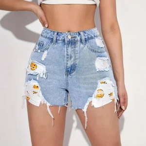 Spring/Summer Denim Shorts Hot Pants High-Waisted Frayed Hem Ripped Korean Style Loose-Fit Casual Elegant Shorts