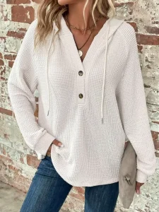 Spring Summer European American Retro Style Fashion Waffle Knitted Drawstring Sports Hooded Women’s Sweatshirt
