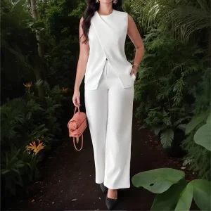 Spring Summer European American Women’s Solid Color Velour Anti Wrinkle Top Sleeveless Belt Two Piece Suit