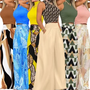 Spring Summer Fall Plus Size Women Clothes Ladies Casual Sleeveless Printing Tank Crop Top Wide Leg Pants Two Piece Women’s Sets