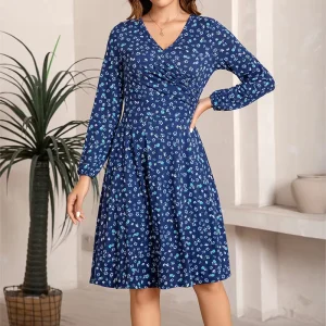 Spring Summer Floral Print Women’s Knitted Dress Crossed V Neck A Line Midi Skirt Casual Daily Wear Polyester